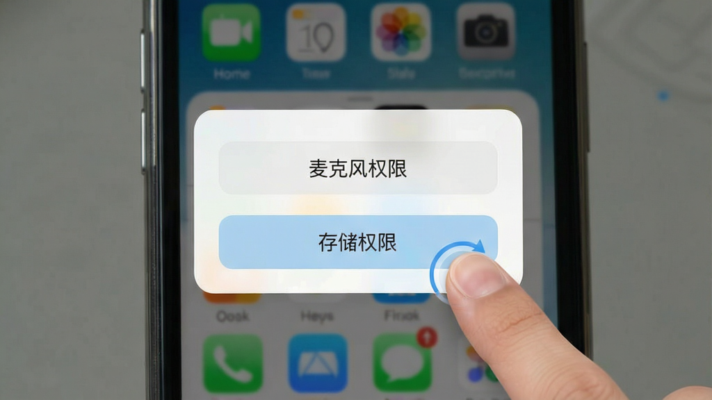一张手机应用安装与权限设置的操作示意图,主体为手机屏幕显示权限授权弹窗,布局为居中弹窗加背景虚化的应用界面,风格写实界面截图风,细节包含“麦克风权限”“存储权限”文字按钮和手指点击示意,画质清晰干净,无多余元素