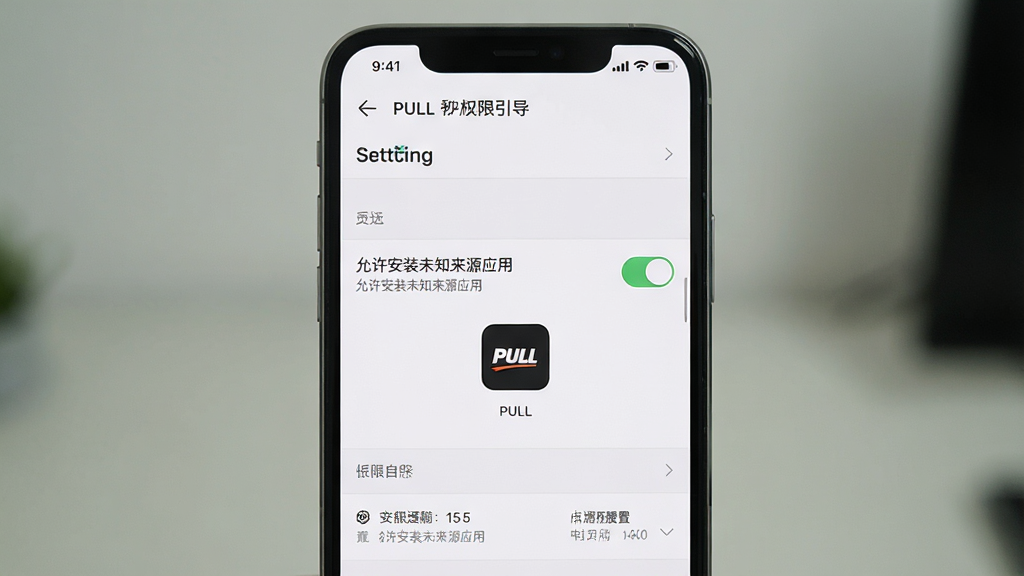一张手机屏幕展示PULL安装权限设置引导页的示意图,画面中包含“允许安装未知来源应用”的开关与PULL图标,布局为手机居中,风格写实界面风,细节包含系统设置菜单与提示文字,画质清晰干净,无多余元素