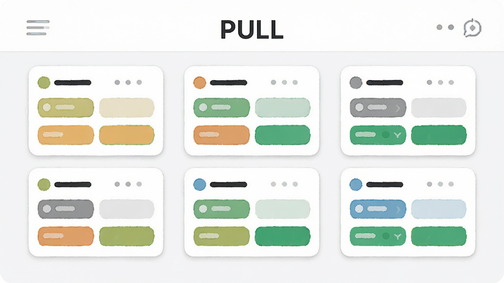 一张PULL看板界面的示意图,画面中三列任务卡片整齐排列,顶部有“PULL”标识,布局为横向三栏,风格简约清新,细节包含卡片圆角与状态色块,画质清晰干净,无多余元素