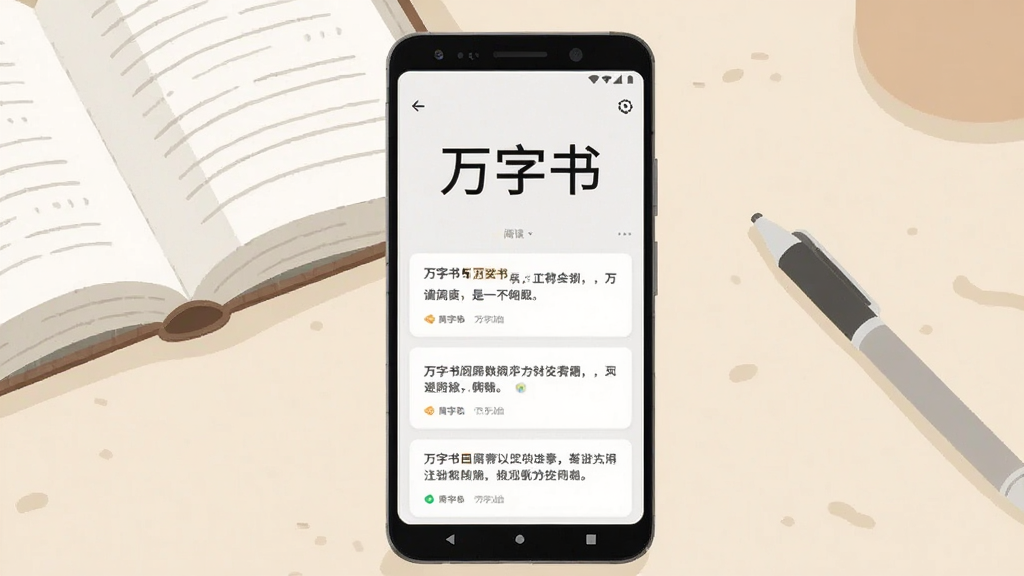 画面中央放置一部竖屏安卓手机,手机屏幕上显示简洁的阅读应用界面,顶部有“万字书”三个中文字,界面下方为整齐排列的文字卡片列表,背景为浅米色书桌环境,桌面放有一本翻开的书和一支笔,整体采用清新简约的扁平插画风格,光线柔和,细节干净,画质清晰,无多余装饰元素