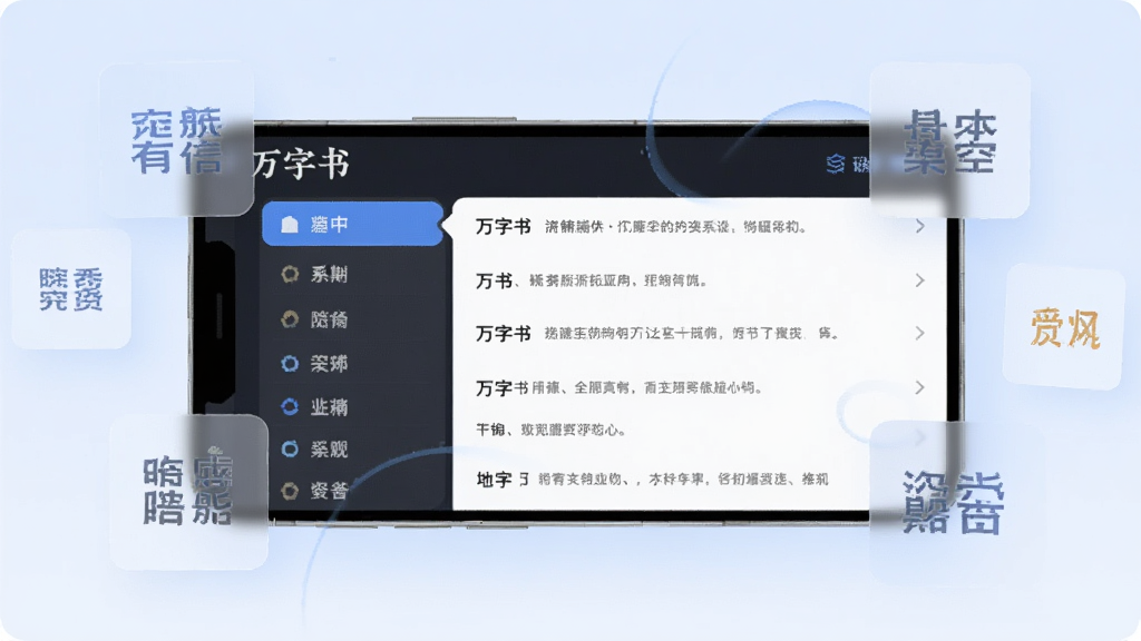 画面主体为一部横向摆放的智能手机,屏幕中呈现“万字书”应用的分类导航界面,左侧为竖排分类标签,右侧为文字内容列表,手机周围漂浮着若干半透明的文字卡片图标,背景为淡蓝色渐变,风格为现代科技感扁平插画,构图均衡,细节精致,画质干净清晰