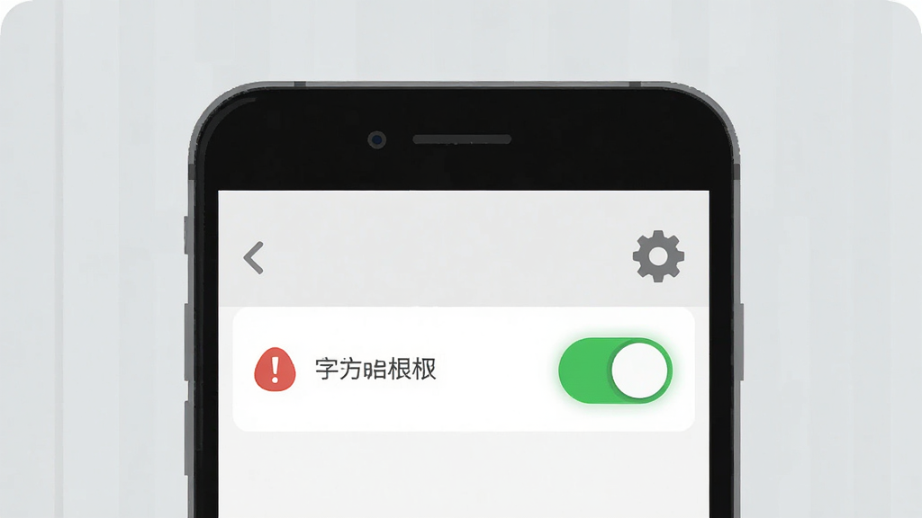 一张手机屏幕特写,屏幕上显示应用权限管理页面,存储权限开关处于开启状态,旁边有红色感叹号提示图标与齿轮设置图标,背景为浅灰色桌面,布局为手机居中、四周留白,风格为扁平化示意图,细节包括清晰的开关高亮与文字标签,画质干净、无多余元素