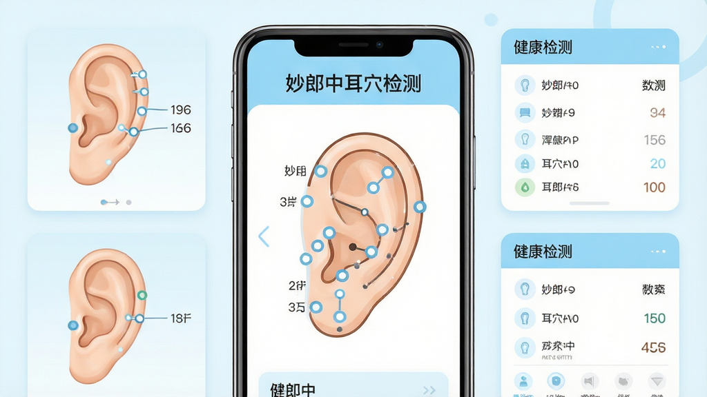 一部智能手机屏幕中央显示耳部穴位分布示意图,界面标题为“妙郎中耳穴检测”,周围环绕高清耳穴图解卡片与健康检测数据面板,主体突出、布局居中,排版干净整齐,风格为清爽医疗健康类扁平插画,细节包含耳廓轮廓线、穴位圆点标注、浅蓝与白色配色,画质清晰、画面干净、无多余元素