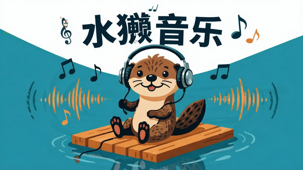 画面主体为一只卡通水獭戴着耳机坐在漂浮的木筏上,木筏周围环绕着音符和声波纹理,布局为居中构图,水獭位于画面中央偏下,上方留白放置音乐符号装饰,排版简洁明快,风格为扁平化插画风,色彩使用湖蓝与暖橙对比,细节包括水獭毛发纹理、耳机金属质感、水波倒影,画质清晰干净,无多余元素,画面中打文字“水獭音乐”