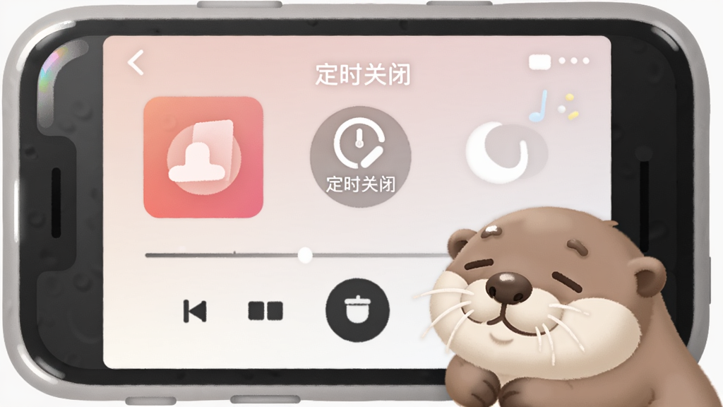 一只水獭趴在手机屏幕边缘打瞌睡,手机屏幕显示音乐播放界面和定时关闭图标,布局为手机居中、水獭位于屏幕右下方,风格为柔和圆角插画,细节包括手机边框高光、水獭闭眼表情、时钟图标,画质干净无杂乱,画面中打文字“定时关闭”