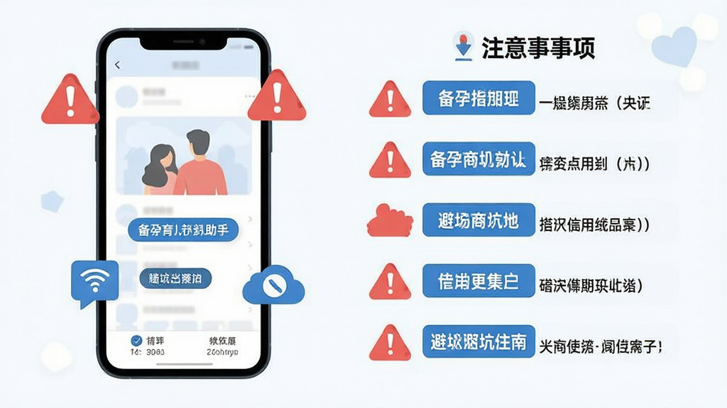 备孕育儿助手新手使用避坑指南示意图,画面主体为手机屏幕和提示图标组合,布局为左侧手机界面、右侧注意事项列表,风格为扁平化信息图设计,细节包含红色警示图标、蓝色提示标签、简洁文字条目,画质高清,画面干净,无多余元素
