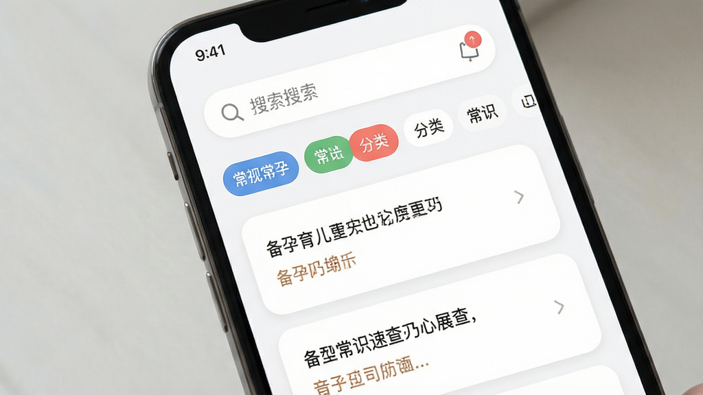 备孕育儿助手育儿常识速查功能展示,画面主体为手机屏幕,显示搜索框和分类标签列表,下方为常识条目卡片,布局为顶部搜索、中部标签、底部列表,风格为清爽素雅移动应用界面,细节包含圆角搜索框、彩色分类标签、简洁文字卡片,画质高清,干净无多余元素