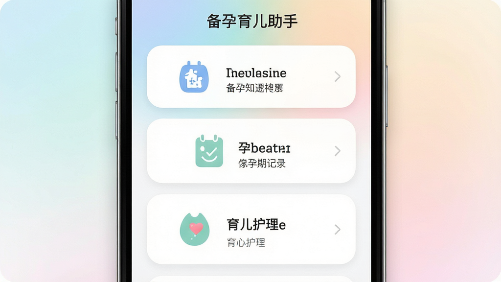 备孕育儿助手软件首页界面展示,画面主体为一部竖屏手机,屏幕上显示备孕育儿助手应用的主界面,包含备孕知识、孕期记录、育儿护理三个功能入口卡片,布局居中对称,排版干净清爽,风格为现代扁平化移动应用设计,细节包含柔和渐变背景、圆角卡片、简洁图标,画质高清,画面干净,无多余元素