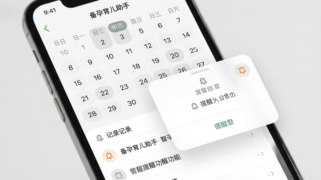 备孕育儿助手日常记录与提醒功能展示,画面主体为手机屏幕,显示日历式记录界面和提醒设置弹窗,布局为上方日历、下方记录条目列表,风格为简约商务移动应用设计,细节包含日期高亮标记、提醒铃铛图标、柔和灰白配色,画质高清,画面干净,无多余元素