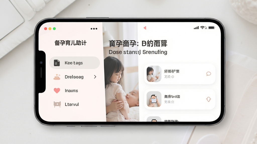 备孕育儿助手简洁界面设计展示,画面主体为手机屏幕正面,显示应用主界面和侧边功能菜单,布局为左侧菜单栏、右侧内容区,风格为柔和圆角移动应用设计,细节包含大字体标题、清晰图标、留白充足的排版,画质高清,画面干净,无多余元素