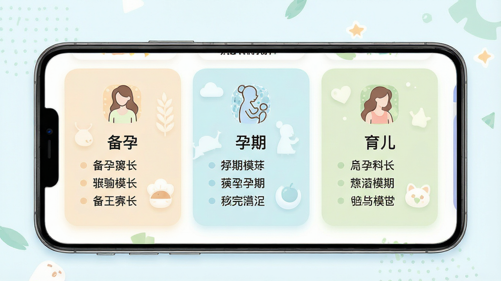 备孕育儿助手分阶段知识体系功能展示,画面主体为一部手机,屏幕内以三栏并列卡片形式展示备孕、孕期、育儿三个阶段的知识模块,每栏配有简洁图标和文字条目,布局整齐,风格为清新浅色移动应用界面,细节包含柔和色调、圆角边框、清晰层级,画质高清,干净无多余元素