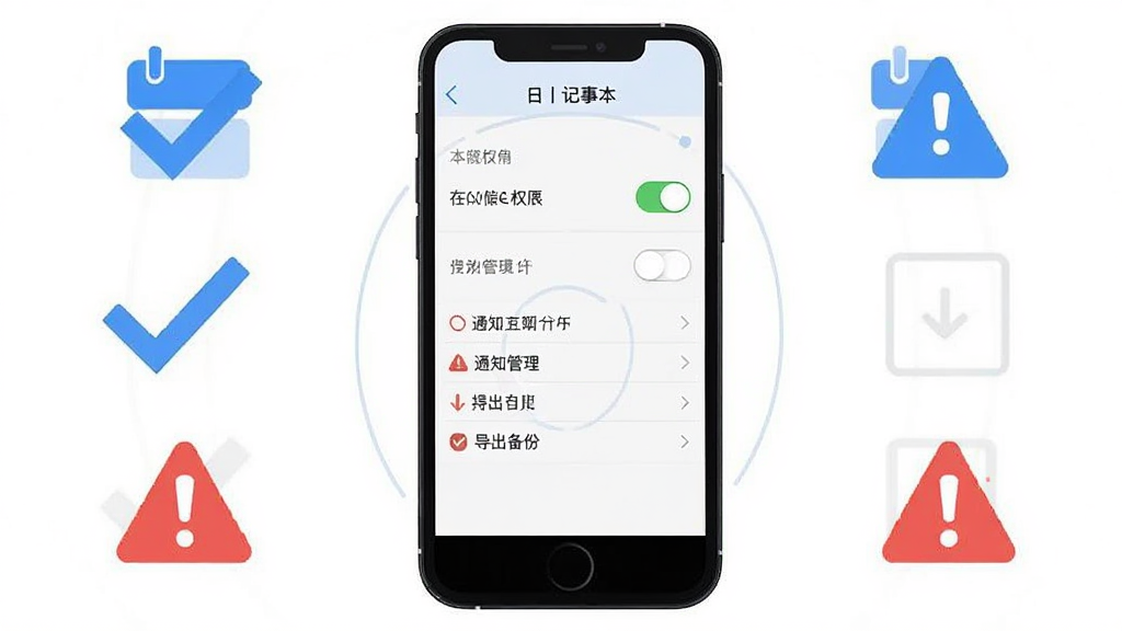 手机屏幕显示每日记事本设置页面,包含存储权限开关、通知管理入口与导出备份选项,画面一侧有勾选与警告图标;布局手机居中、图标环绕;排版竖版;风格为扁平化信息图;细节包括开关控件、列表分隔线、蓝红配色提示;画质清晰、干净、无多余元素