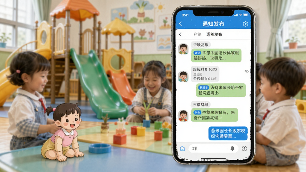 葱米园长版家校沟通界面,手机屏幕展示通知发布页面与班级群组聊天列表,界面元素排列整齐,配色以蓝白为主,背景为幼儿园活动场景虚化处理,风格亲切友好,细节丰富,画质高清,干净无多余元素