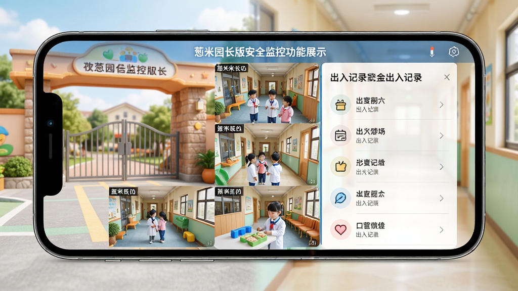 葱米园长版安全监控功能展示,手机屏幕显示多路监控画面缩略图与出入记录列表,界面布局分屏清晰,背景为幼儿园大门与走廊场景,风格科技感与温馨感结合,细节清晰,画质高清,干净无多余元素