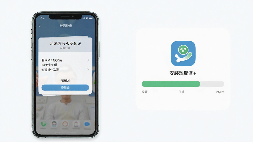 葱米园长版安装设置操作示意图,画面展示手机屏幕上的权限设置页面与应用安装进度条,布局清晰,风格简洁实用,细节明确,画质高清,干净无多余元素