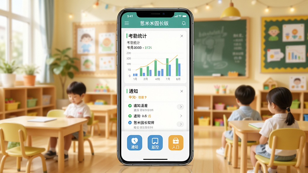 葱米园长版软件主界面展示,画面中央是一部智能手机,屏幕显示幼儿园园务管理仪表盘,包含考勤统计图表、通知列表与监控入口图标,背景为明亮温馨的幼儿园教室环境,布局简洁清晰,风格现代商务,细节丰富,画质高清,干净无多余元素