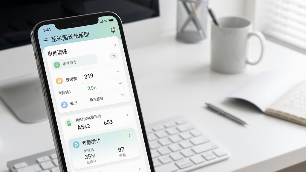 葱米园长版园务办公功能界面,手机屏幕显示审批流程列表与考勤统计卡片,界面采用卡片式布局,配色清新柔和,背景为简约办公桌面,风格商务简洁,细节清晰,画质高清,干净无多余元素