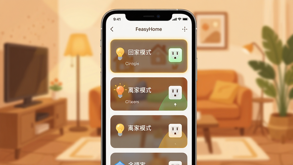 ��������ΪFeasyHome�������ý��棬�ֻ���Ļ����ʾ���ؼ�ģʽ�������ģʽ���ȳ�����Ƭ����Ƭ�Դ��е��ݺͲ�����ͼ�ꣻ����Ϊ�ֻ����С�����Ϊ��ܰ�Ҿӻ����黯���Ű�Ϊ����Ƭ�б������Ϊ��ů����廭��ϸ���ϳ�����Ƭ���п���״̬�ĸ���Ч�����������ְ�����FeasyHome�������ʸ��壬����ɾ����޶���Ԫ��