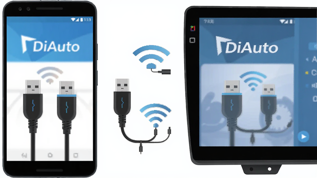 ��������Ϊһ����׿�ֻ���һ�鳵����Ļ����չʾ���м�ͬʱ����USB��������WiFi�ź���������ͼ�꣬����Ϊ���ҶԳƹ�ͼ���Ű��Ϸ������������·����������ӷ�ʽʾ�⣬���Ϊ��ƽ���Ƽ��廭��ϸ�ڰ��������߲�ͷ��д�������źŻ��ߡ��ֻ��복���߿򣬻��������ɾ����޶���װ��Ԫ�أ����������ע����