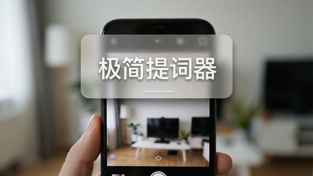 一部手机正在录制视频,相机取景框上方浮着一层半透明的文字提词窗口,文字为“极简提词器”示例文稿,窗口边缘有淡淡的圆角与阴影,背景为虚化的室内拍摄场景,风格写实干净,画质细腻,无多余装饰元素