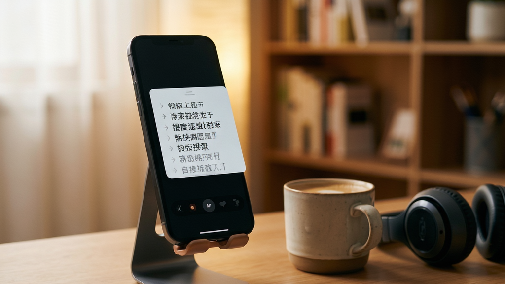 一部手机放置在桌面支架上,屏幕显示极简提词器的悬浮提词窗口,窗口内文字清晰滚动,旁边放着一杯咖啡与耳机,背景为温馨的书房环境,风格生活化,光线柔和,画质干净,突出手机屏幕内容,无多余杂物