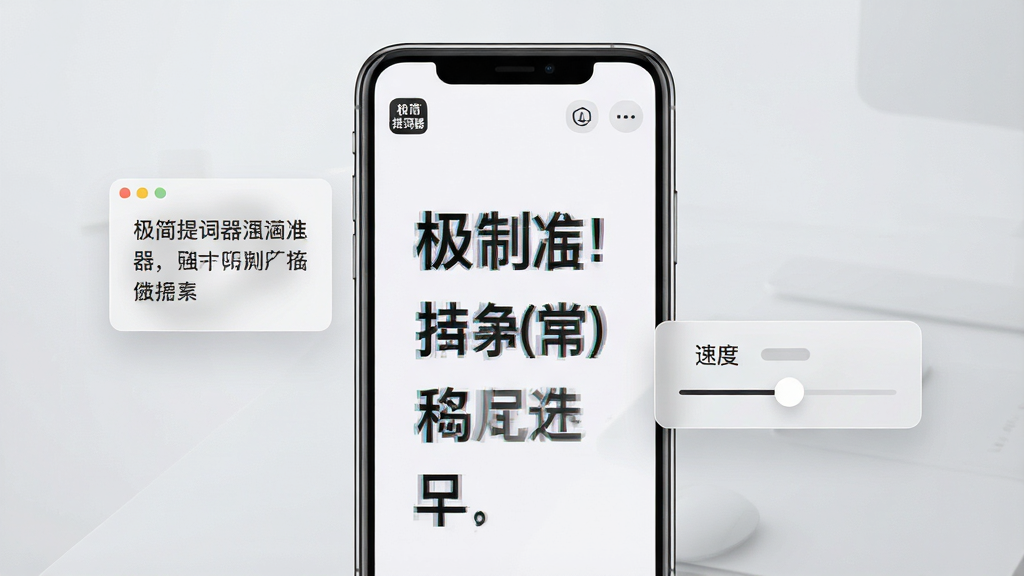 画面中央一部竖屏智能手机,屏幕内显示极简提词器应用界面,大字号文稿正在平滑滚动,手机两侧漂浮着半透明的悬浮提词窗口与速度调节滑杆,背景为简洁的浅灰渐变桌面,风格清爽现代,细节包括手机边框反光与应用图标上的“极简提词器”字样,画质清晰,干净无多余元素