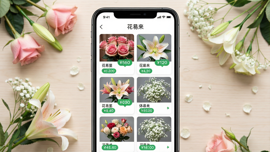 手机屏幕展示鲜花批发采购应用界面,主体为一部竖屏智能手机居中摆放,布局上屏幕内呈现鲜花分类列表与价格卡片,排版整齐有序,风格为清新简约的现代UI设计,细节包括玫瑰、百合、满天星等花材缩略图与绿色价格标签,背景为浅色桌面与几枝鲜花点缀,画质清晰干净无多余元素,屏幕上方显示“花易来”字样
