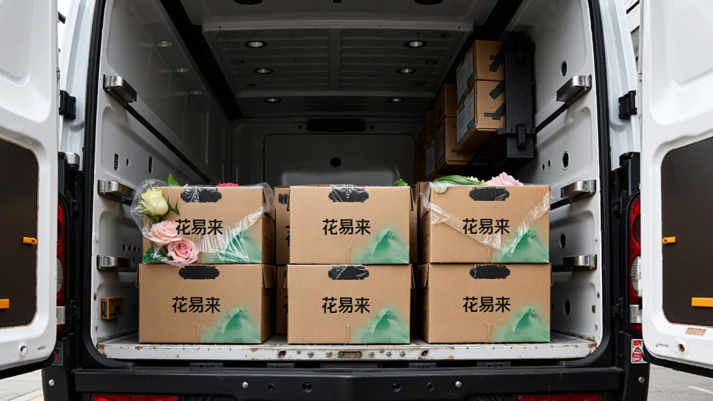 物流配送场景,主体为印有“花易来”标识的鲜花包装箱正在装车,布局上货车尾门敞开纸箱整齐码放,排版为横向构图,风格为写实摄影风,细节包括冷藏车厢内壁与鲜花保鲜膜包装,画质清晰明亮干净