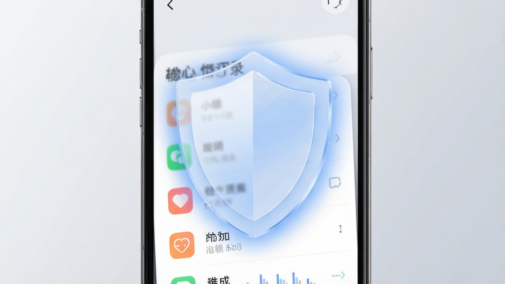 一张表现数据隐私保护概念的应用配图,画面主体是手机屏幕上一把半透明盾牌图标覆盖心情记录列表,布局居中,风格科技简约,细节上盾牌带柔和蓝色光晕、背景为浅灰渐变,画质清晰干净,无多余元素
