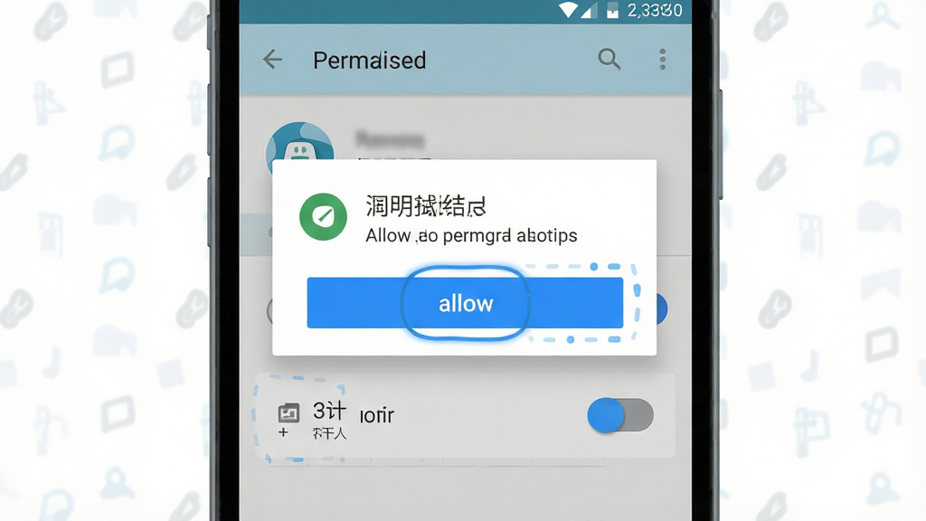 一张安卓手机安装应用时的权限设置界面示意图,画面主体是手机屏幕显示权限弹窗与存储开关,布局居中,风格扁平UI示意,细节上以蓝色高亮标注允许按钮、背景为浅色系统界面,画质清晰干净,无多余元素