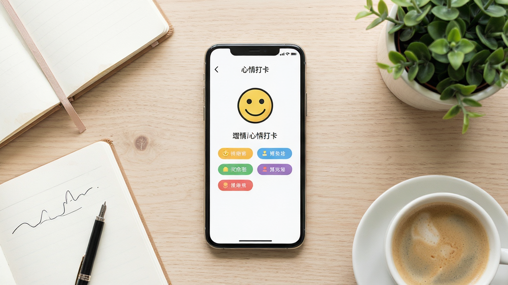 一张展示手机心情记录应用的场景图,画面中央是一部竖屏智能手机,屏幕上显示简洁的心情打卡界面,包含笑脸图标与彩色情绪标签,手机周围散落着笔记本、咖啡杯和绿植,整体布局居中对称,风格清新明亮,细节上强调柔和的自然光与浅色木纹桌面,画质清晰干净,无多余元素