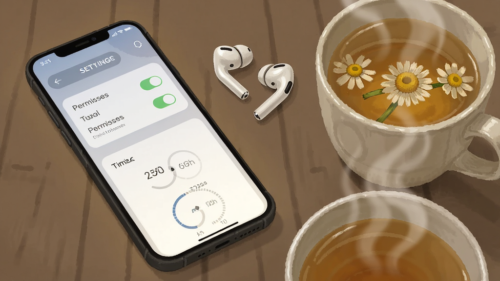 画面主体是一部手机屏幕显示轻松睡眠应用设置界面,界面中包含权限开关与定时器选项,手机旁边放置一副白色无线耳机与一杯温热的洋甘菊茶,布局为手机斜放、耳机与茶杯错落分布于前景,风格为生活化静物摄影风格插画,细节上注重茶杯升腾的热气与手机屏幕的柔和背光,画质温暖清晰,整体干净无多余元素
