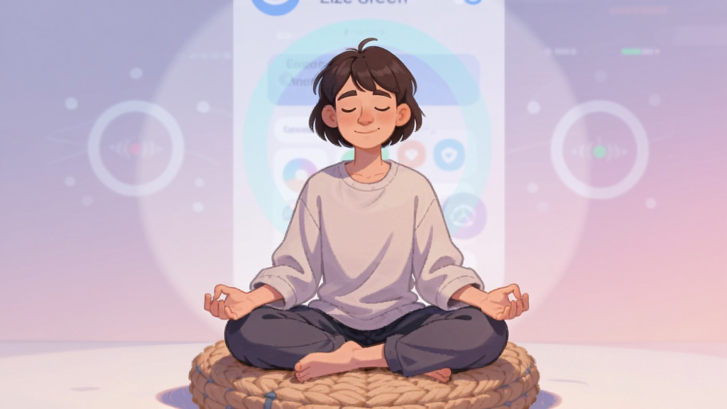 画面主体是一位年轻人闭眼盘坐在柔软的蒲团上,双手自然放在膝盖上,周围是淡紫色与浅粉色的渐变背景,背景中隐约可见轻松睡眠应用界面投影出的呼吸引导圆圈,布局为人物居中、圆形光晕向外扩散的构图,风格为柔和治愈系插画,细节上注重人物面部放松的表情与衣物的褶皱质感,画质柔和细腻,整体干净无多余元素