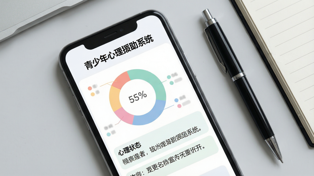 一张展示“青少年心理援助系统”心理测评结果页面的示意图,画面主体为手机屏幕特写,屏幕内显示彩色图表与心理状态评分报告,包含环形图与建议文字条目,背景为浅灰色工作台面,手机旁放置一支笔和一个笔记本,布局采用俯视视角,风格清新专业,细节上图表配色柔和、文字排版整齐,画质清晰干净,无杂乱元素