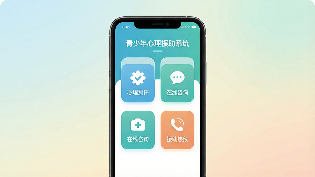一张手机屏幕展示“青少年心理援助系统”应用主界面的场景图,画面中心为一部竖屏手机,屏幕内显示清爽的蓝绿色调心理援助应用首页,包含心理测评、在线咨询、援助热线等功能入口图标,手机周围以柔和的浅色渐变背景衬托,布局居中对称,风格简洁现代、温暖治愈,细节上屏幕内图标线条圆润、文字清晰,画质干净高清,无多余装饰元素