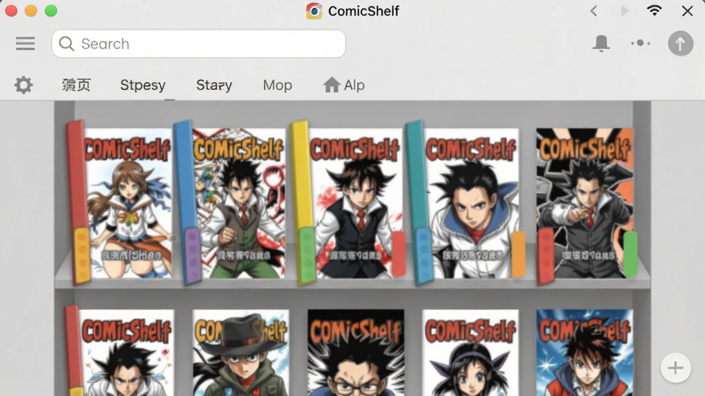 一张展示 ComicShelf 漫画架软件界面的手机屏幕截图,画面中央是整齐排列的漫画封面网格书架,封面带有彩色书脊标签,顶部有搜索框和分类标签,背景为浅灰色简洁风格,界面文字包含 ComicShelf 字样,整体布局清晰,风格现代扁平化,细节精致,画质高清,干净无多余元素