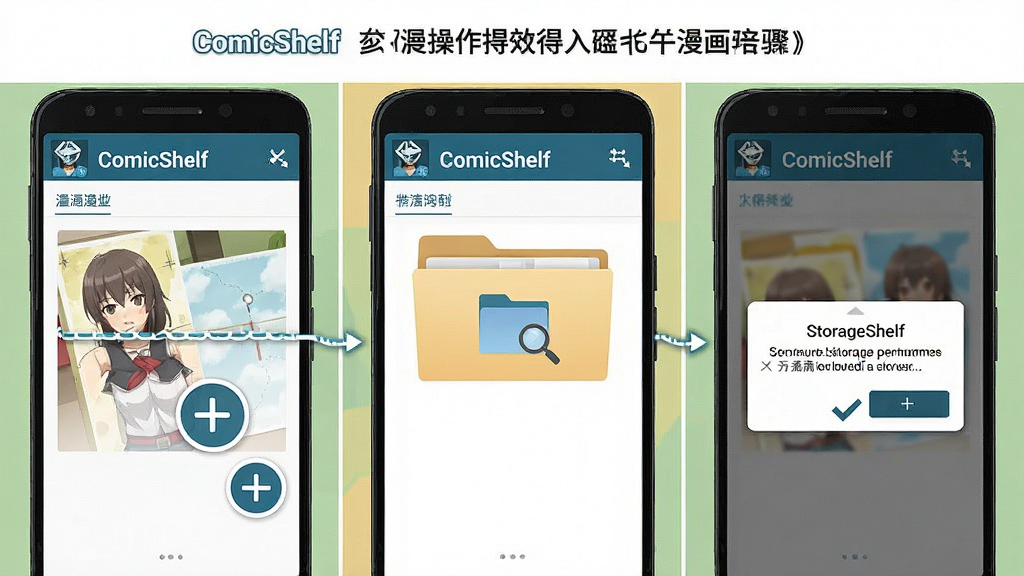 一张 ComicShelf 安卓手机导入漫画操作步骤示意图,画面为手机屏幕分步展示点击加号按钮、选择文件夹、勾选存储权限弹窗三个界面,界面顶部有 ComicShelf 标识,风格教程图示化,配色清晰,布局分栏展示,细节明确,画质高清,干净无多余元素