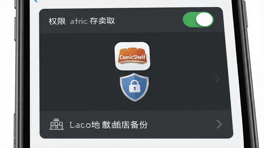 一张 ComicShelf 隐私设置界面示意图,画面为手机屏幕显示应用权限管理面板,列出存储读取权限开关和本地数据库备份选项,界面中央有 ComicShelf 图标和盾牌形状的隐私保护标识,风格简约安全主题,配色为白色与深灰色,布局清晰,细节精致,画质高清,干净无多余元素