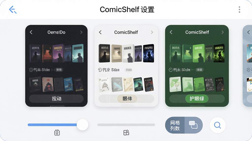 一张 ComicShelf 书架主题设置界面图,画面为手机屏幕展示多套配色方案预览卡片,包含深色、浅色和护眼绿三种主题缩略图,下方有圆角调节滑块和网格列数选择按钮,界面顶部标注 ComicShelf 设置字样,风格现代清新,布局整齐,细节丰富,画质高清,干净无杂乱元素