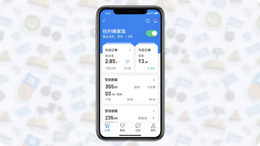 ��Լ�̼Ұ�Ӧ��������չʾ������������һ�����������ֻ�����Ļ�ڳ����̼Һ�̨��ҳ���֣�����Ϊ�ŵ�������Ӫҵ״̬���أ��в�Ϊ���ն�����Ƭ��Ӫ�����ݸ������ײ�Ϊ������������Ϣ���ҵ��ĸ�����ͼ�꣬�������������ɫ�����������ϸ�����������ʸɾ����޶���Ԫ��