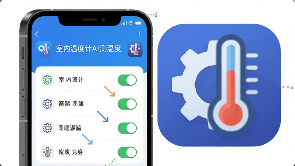 画面主体为一部手机屏幕显示室内温度计AI测温度应用设置页面,布局采用左右分栏构图,左侧为手机侧视图展示权限开关列表,右侧为放大的齿轮与温度计组合图标,排版清晰有序,风格为扁平化信息图风,细节包括