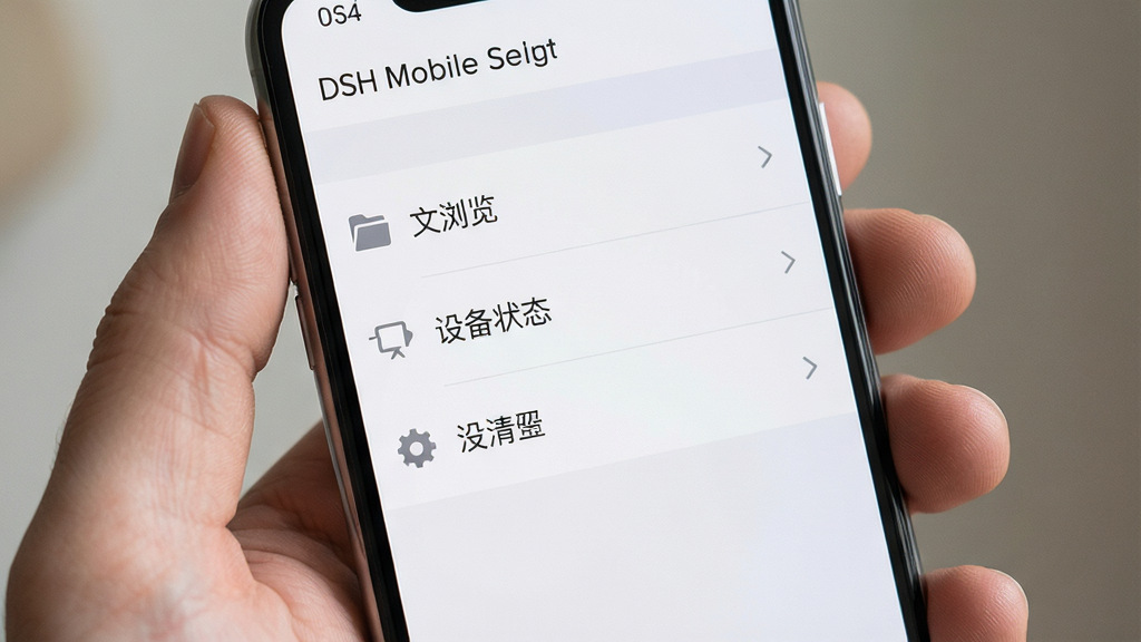 һ��չʾDSH Mobile�������������ͼƬ������Ϊ�ֻ���Ļ��д����Ļ�г��ּ����б�ʽ���ܲ˵��������ļ�������豸״̬�����õ���Ŀ����ɫ�԰�ɫ��ǳ��ɫΪ�����������������ֹ���������������ţ����ʸɾ�������������Ԫ��