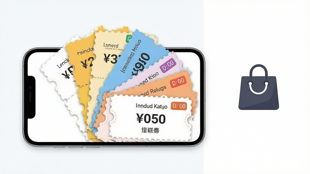 一张表现“高拥联盟”优惠券聚合功能的场景图,画面主体为一部横放的手机,屏幕中显示多张不同面额的优惠券卡片呈扇形展开,布局上手机位于画面中心偏左、右侧留白处点缀购物袋图标,风格为清爽的电商视觉风格,细节包括券面上的金额数字、虚线边框和倒计时标签,画质清晰、干净、无多余元素