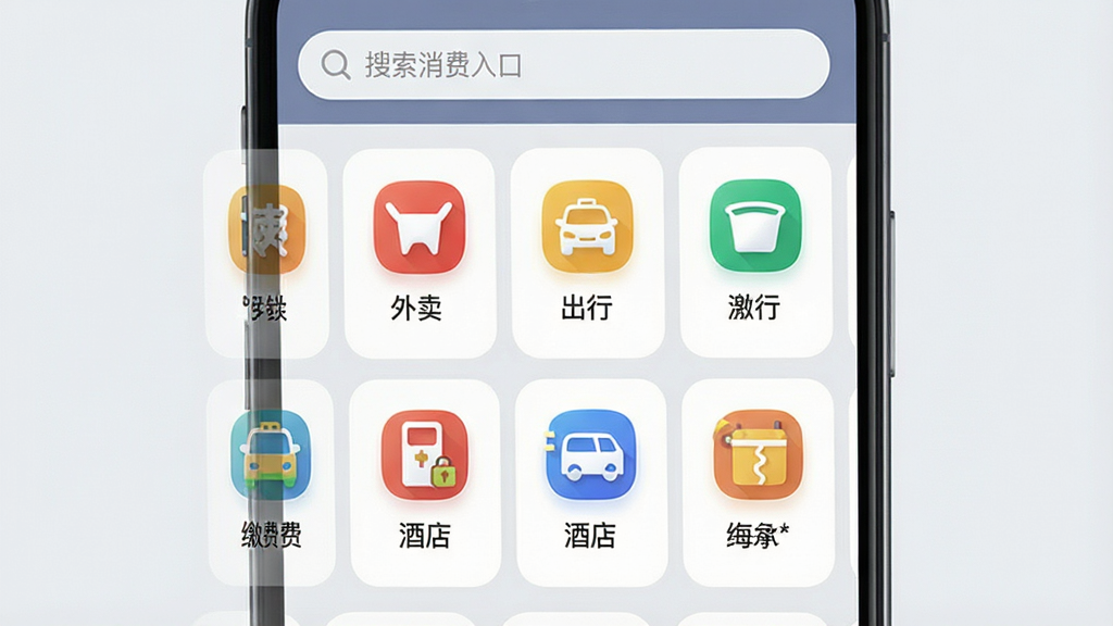 一张展示“高拥联盟”多场景消费入口的界面示意图,画面主体为手机屏幕特写,屏幕内以网格形式排列外卖、出行、缴费、酒店等图标,布局上图标整齐分布、顶部有搜索栏,风格为简洁的移动端UI设计风格,细节包括彩色图标、圆角卡片和浅灰背景分区,画质清晰、干净、无多余元素