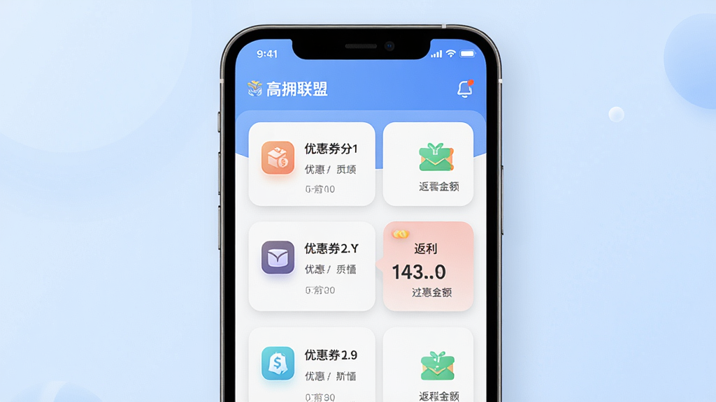一张展示“高拥联盟”应用主界面的手机屏幕渲染图,画面中央是手机正视图,屏幕内呈现优惠券列表和返利金额卡片,布局上手机居中、背景为柔和的浅蓝色渐变,风格为现代扁平化UI展示风格,细节包括圆角图标、清晰的文字排版和淡雅的阴影层次,画质清晰、干净、无多余元素