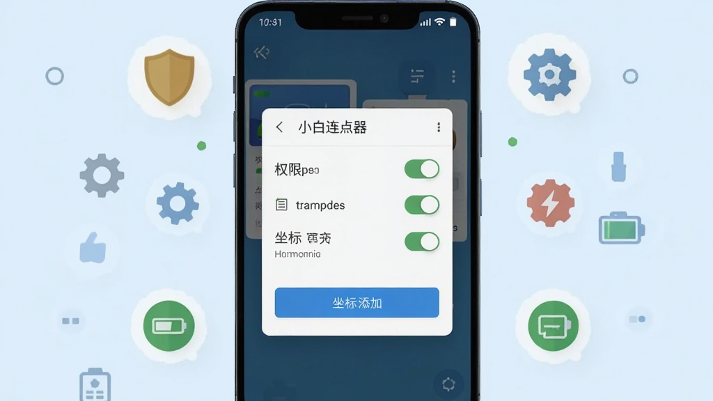一部安卓手机屏幕显示“小白连点器”的悬浮窗设置界面,画面中有权限开关列表和坐标添加按钮,周围环绕着盾牌、齿轮、电池等小图标象征安全与优化,布局为竖屏居中,风格为清爽扁平化插画,细节清晰展示各项设置选项,画质干净明亮