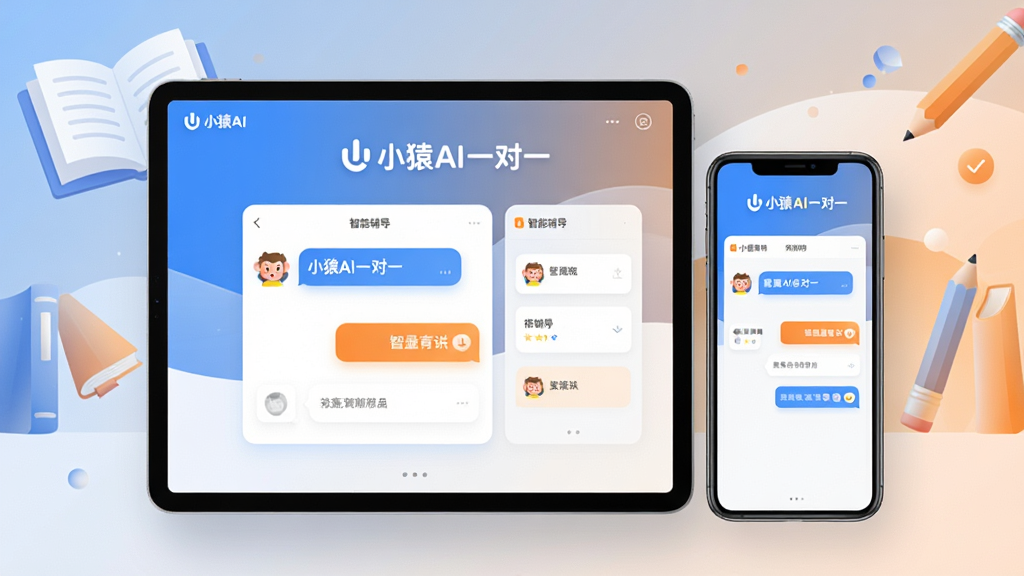 一幅展示小猿AI一对一软件界面的场景图,主体为一台平板电脑和一部手机并排摆放,屏幕中显示“小猿AI一对一”的LOGO与智能辅导对话界面,布局为居中对称构图,排版简洁大方,风格为现代科技教育风,细节包括柔和渐变背景、书本与铅笔的抽象元素点缀、蓝色与橙色主色调、界面卡片式设计,画质高清、干净、无多余元素
