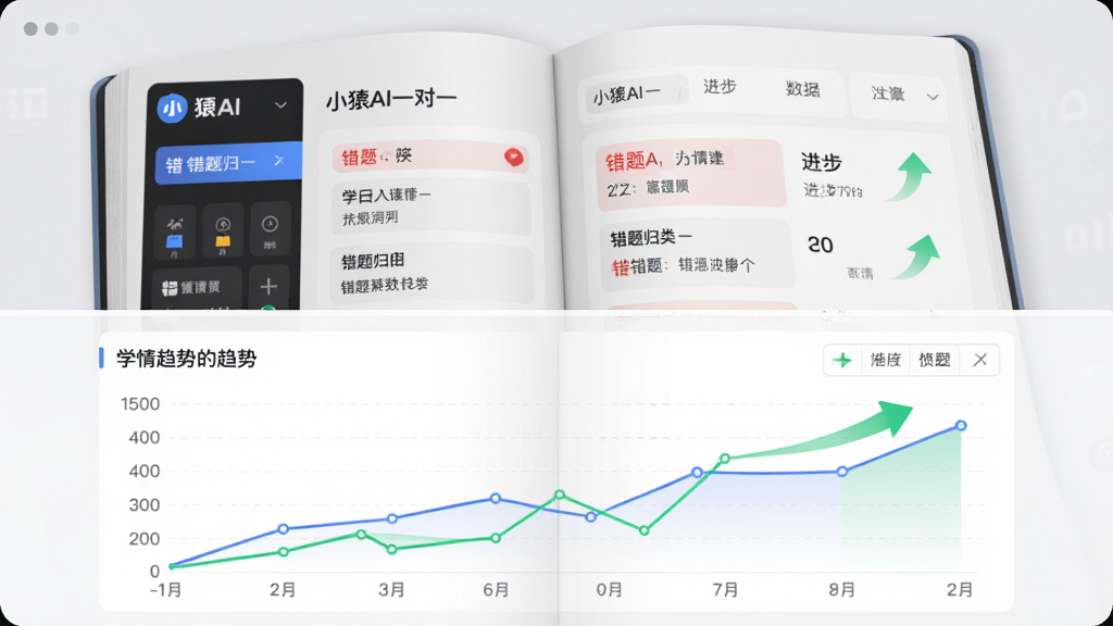 画面主体为一本翻开的电子错题本与数据图表,布局为上下分层构图,上方显示“小猿AI一对一”错题归类界面,下方为学情趋势折线图,排版规整,风格为简约数据可视化风,细节包括红色错题标记、绿色进步箭头、书本与图表元素,画质高清、干净、无多余元素