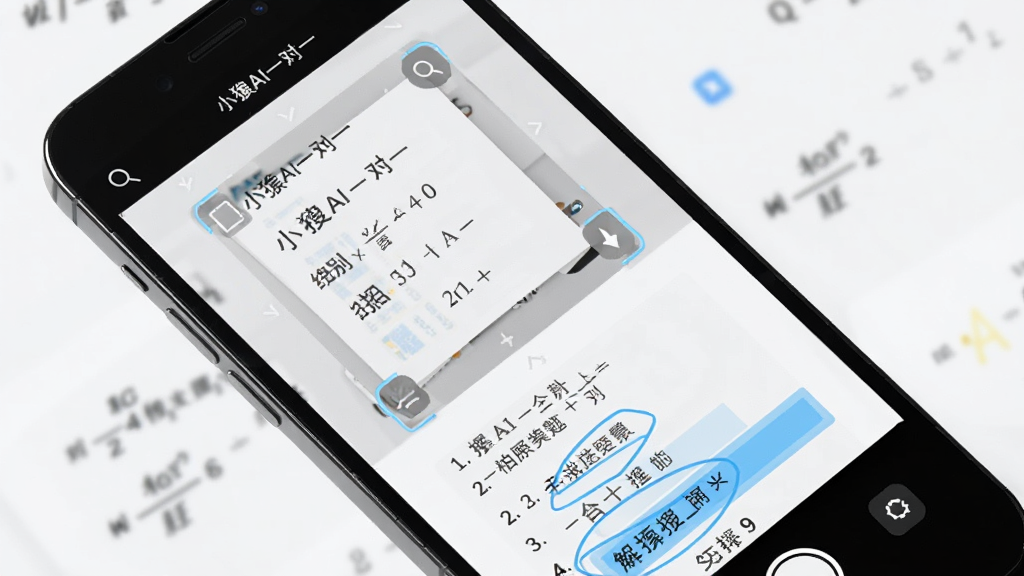 画面主体为一部手机正在拍摄数学题目,屏幕上显示“小猿AI一对一”的拍照搜题识别框与解题步骤展开界面,布局为对角线构图,风格为明亮科技风,细节包括题目文字、放大镜图标、步骤序号标注、蓝色高亮框,画质高清、干净、无多余元素