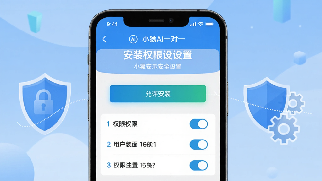画面主体为一部手机屏幕显示小猿AI一对一安装权限设置界面,旁边配有盾牌与齿轮图标,布局为居中构图,风格为扁平化安全提示风,细节包括“允许安装”按钮高亮、权限开关列表、蓝色与白色主色调、清晰的步骤序号标注,画质高清、干净、无多余元素